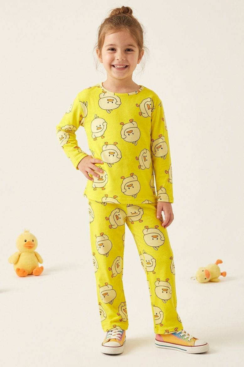 Kız Çocuk Sari Civciv Basklı Süet Pijama Takımı - 28342-SARI