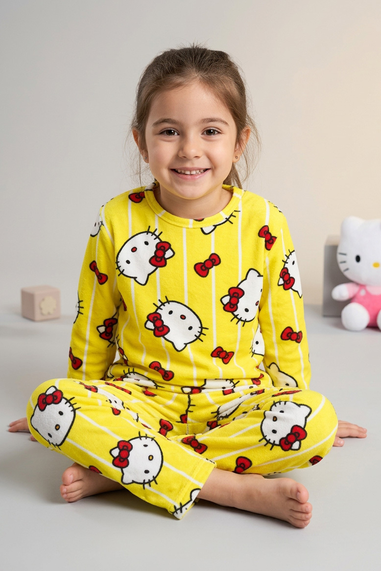 Kız Çocuk Sari Kedi Basklı Süet Pijama Takımı - 28331-SARI
