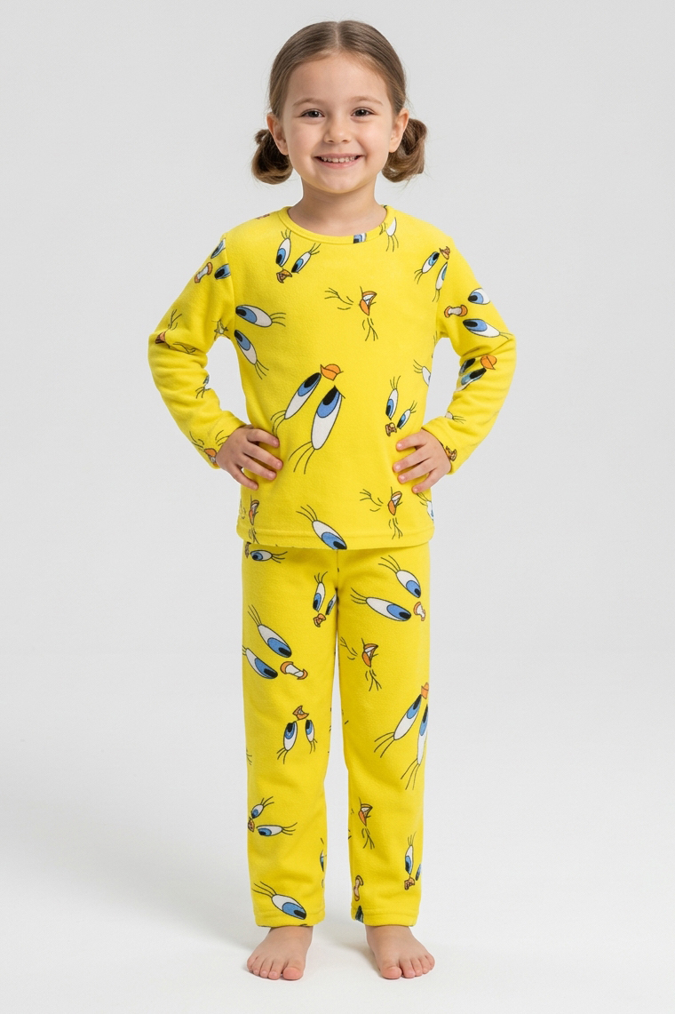 Kız Çocuk Sari Kuş Basklı Süet Pijama Takımı - 28332-SARI