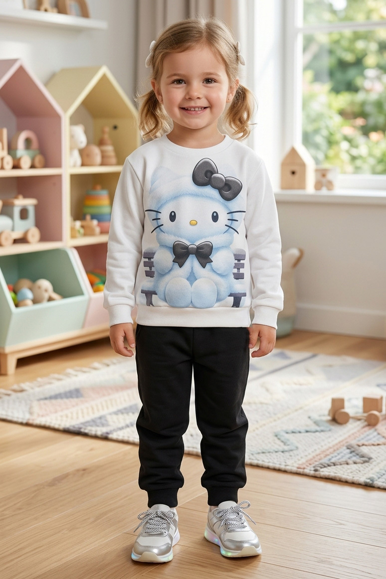Kız Çocuk Siyah Baskılı İki İplik Çocuk Pijama Takımı - 28347-SIYAH