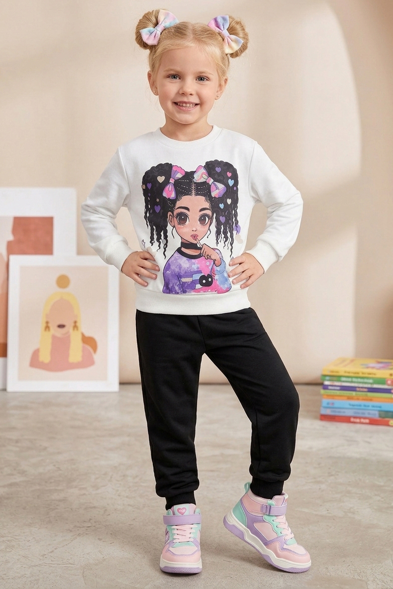 Kız Çocuk Siyah Baskılı Pijama Takımı - 28108-SIYAH
