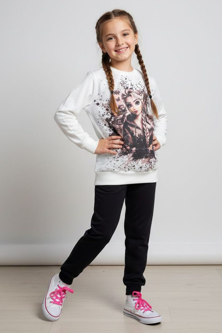 Kız Çocuk Siyah Baskılı Pijama Takımı - 28165-SIYAH