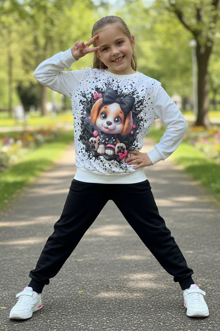 Kız Çocuk Siyah Baskılı Pijama Takımı - 28166-SIYAH