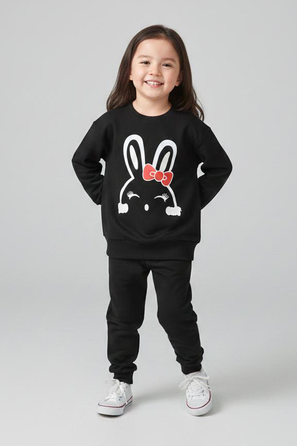 Kız Çocuk Siyah Baskılı Pijama Takımı - 28177-SIYAH
