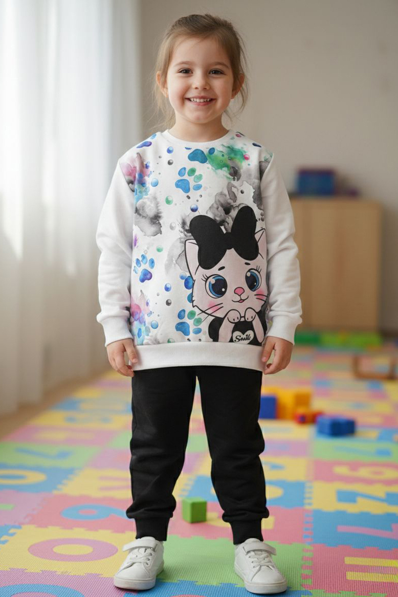 Kız Çocuk Siyah Baskılı Şardonlu Pijama Takımı - 28236-SIYAH