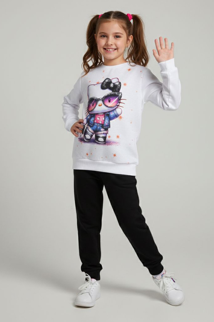 Kız Çocuk Siyah Baskılı Şardonlu Pijama Takımı - 28237-SIYAH