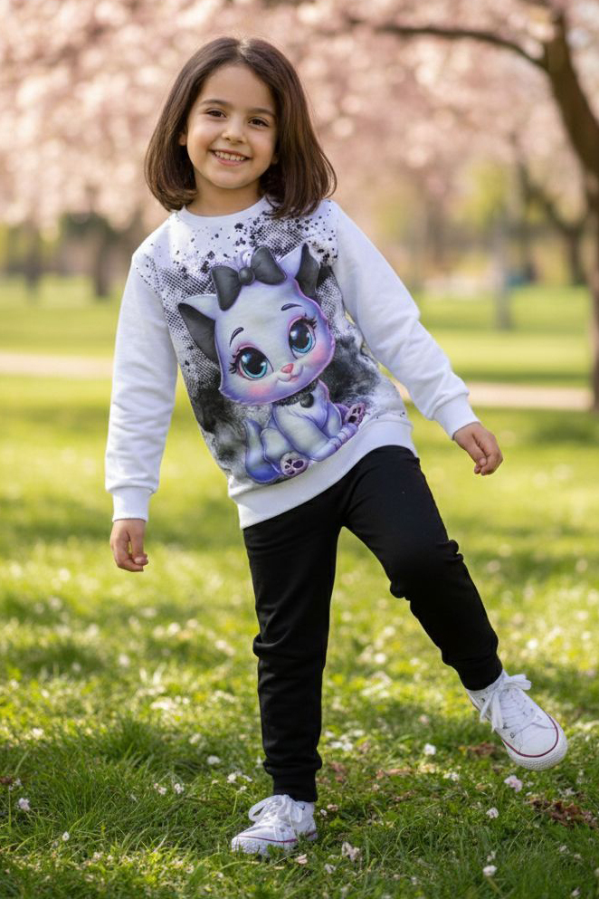 Kız Çocuk Siyah Baskılı Şardonlu Pijama Takımı - 28238-SIYAH