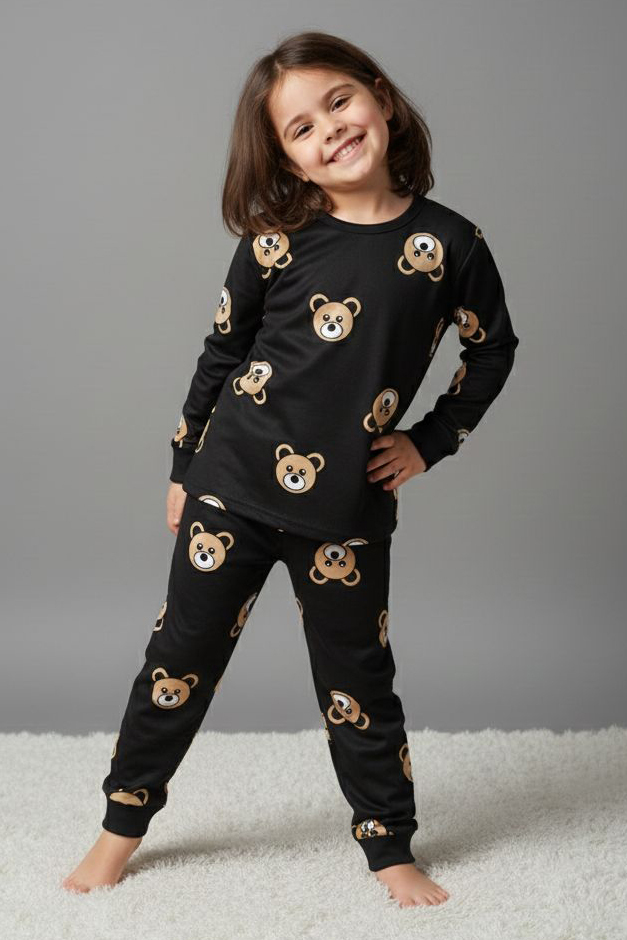Kız Çocuk Siyah Baskılı Süet Pijama Takımı - 28129-SIYAH