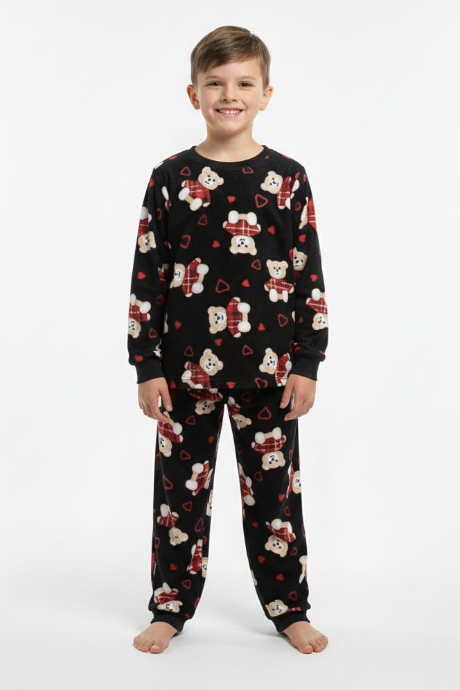 Erkek Çocuk Siyah Baskılı Süet Pijama Takımı - 28168-SIYAH