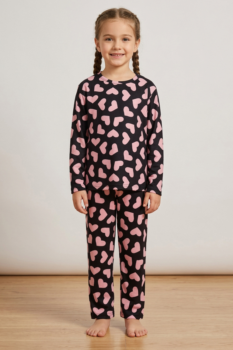Kız Çocuk Siyah Kalpli Süet Pijama Takımı - 28328-SIYAH
