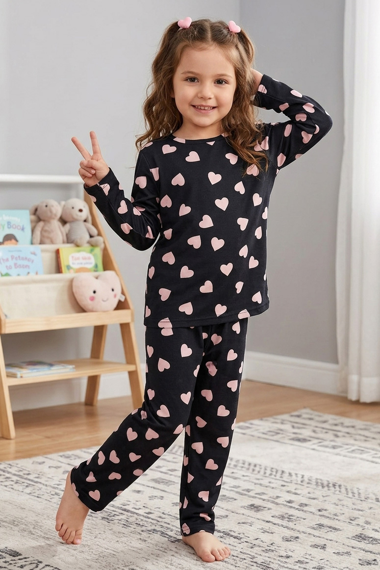 Kız Çocuk Siyah Kalpli Süet Pijama Takımı - 28348-SIYAH
