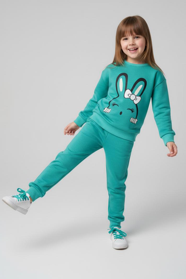 Kız Çocuk Turkuaz Baskılı Pijama Takımı - 28177-TURKUAZ