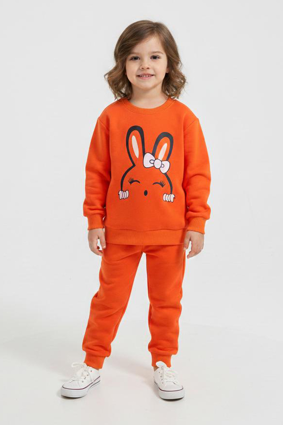 Kız Çocuk Turuncu Baskılı Pijama Takımı - 28177-TURUNCU