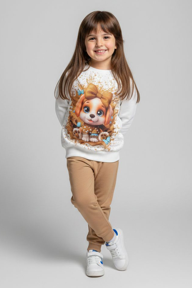 Kız Çocuk Vizon Baskılı Pijama Takımı - 28166-VIZON
