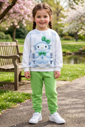 Kız Çocuk Yesil Baskılı İki İplik Çocuk Pijama Takımı - 28347-YESIL - TOFİSA