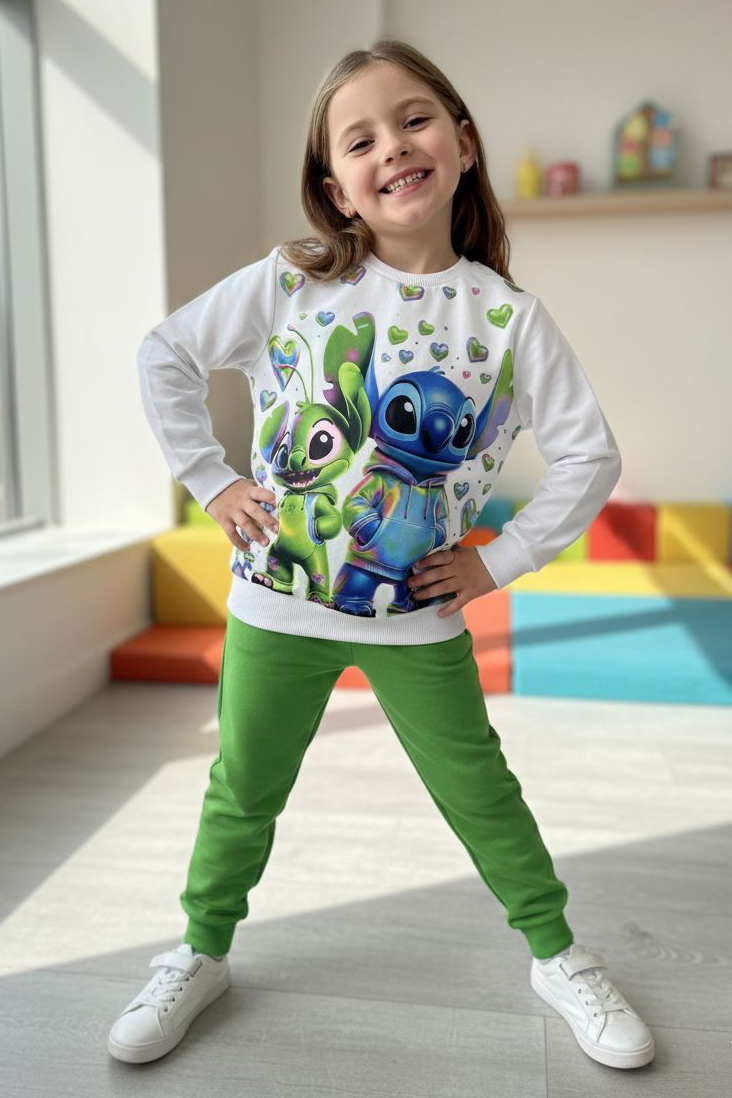 Kız Çocuk Yesil Baskılı Pijama Takımı - 28246-YESIL