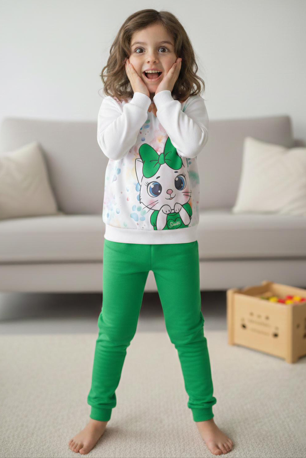 Kız Çocuk Yesil Baskılı Şardonlu Pijama Takımı - 28236-YESIL
