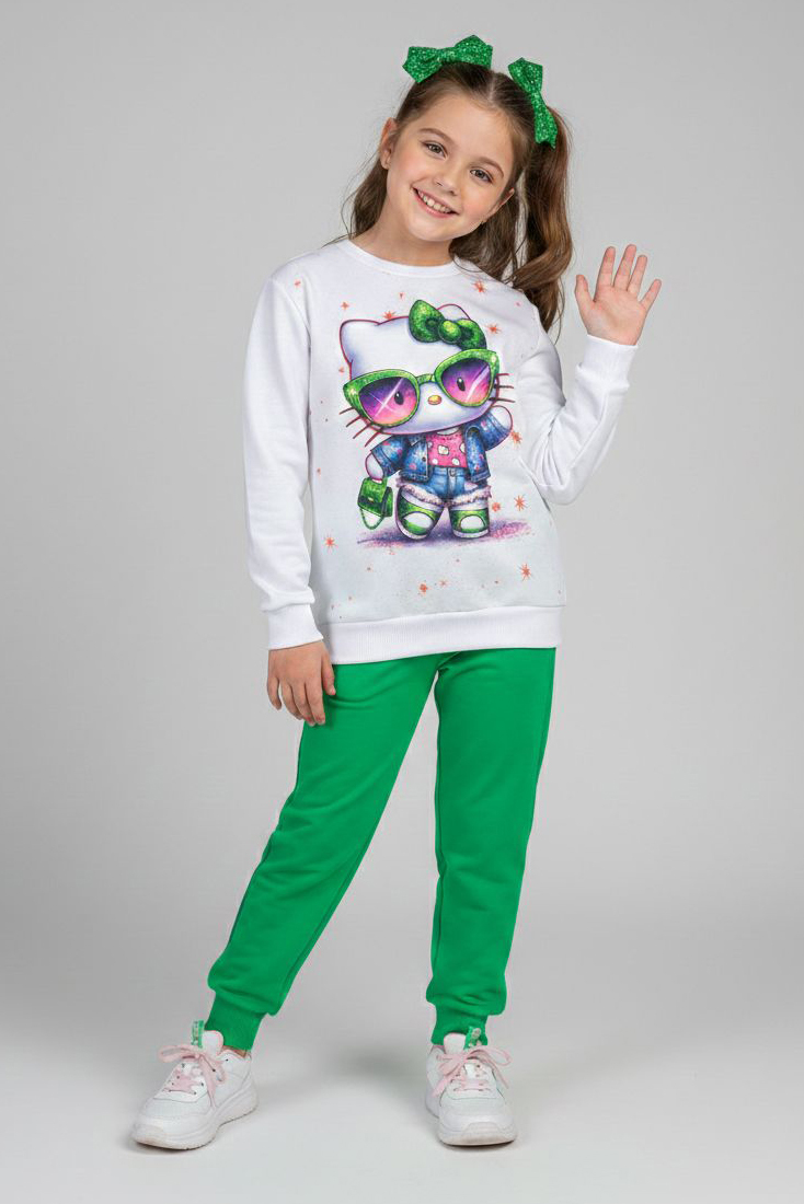 Kız Çocuk Yesil Baskılı Şardonlu Pijama Takımı - 28237-YESIL