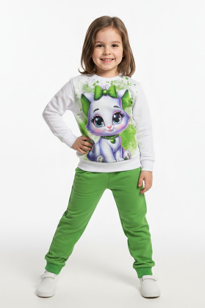 Kız Çocuk Yesil Baskılı Şardonlu Pijama Takımı - 28238-YESIL