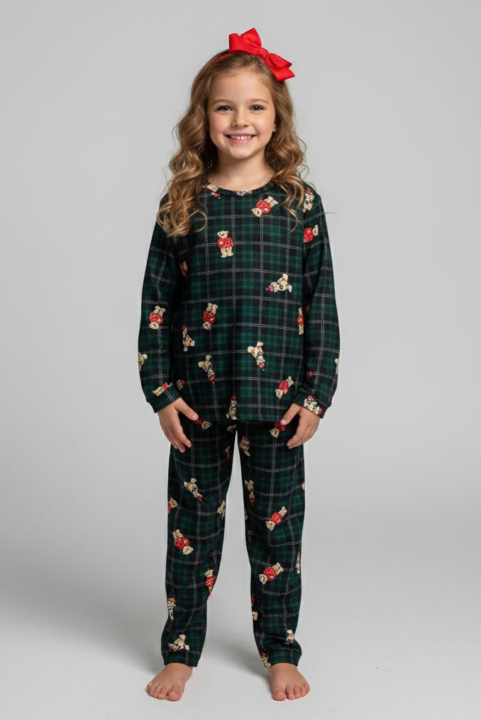 Kız Çocuk Zümrüt Baskılı Süet Pijama Takımı - 28169-ZUMRUT