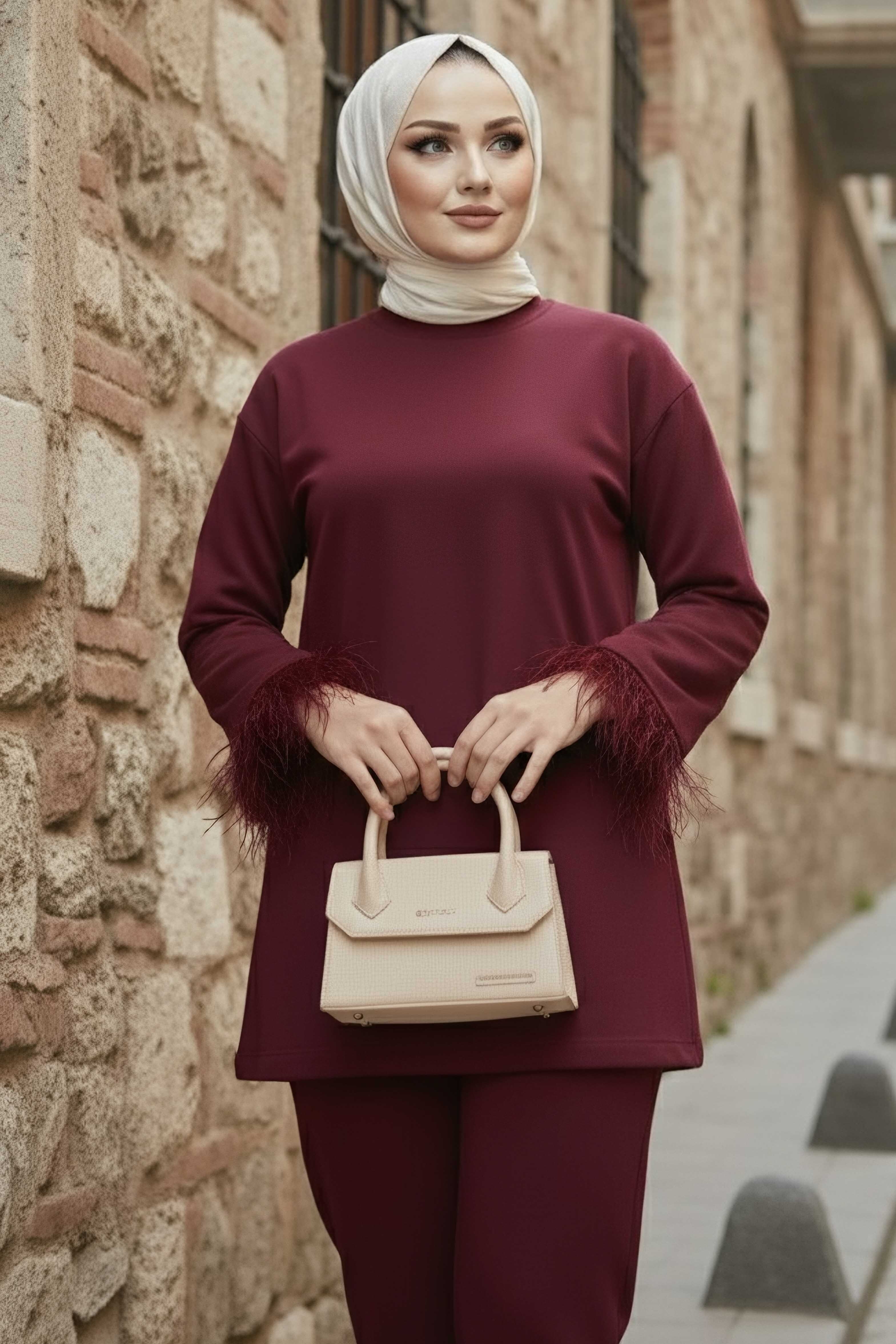 Kol Ucu Tüylü Modal İkili Takım  - 088-BORDO
