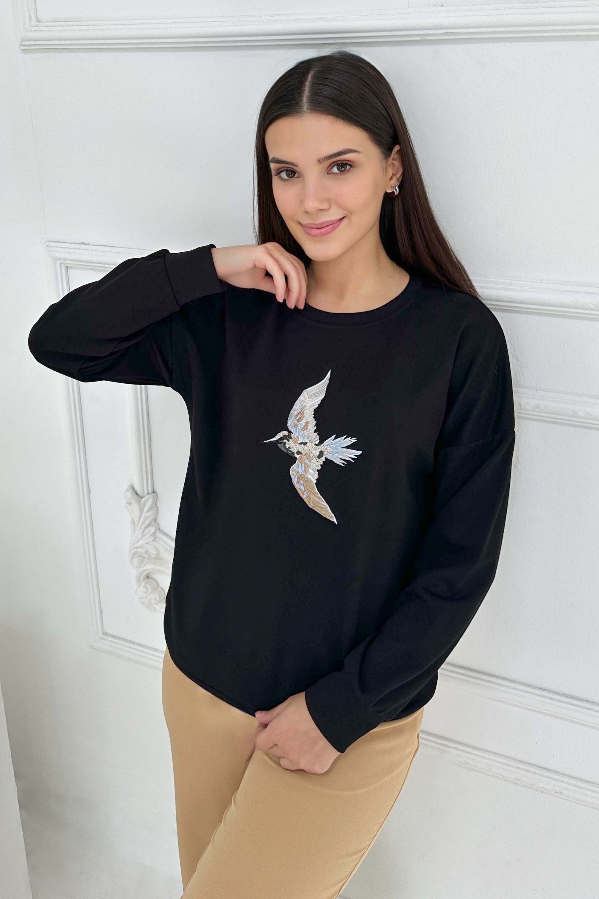 Kuş Nakışlı Modal Sweatshirt  - 27882-SIYAH