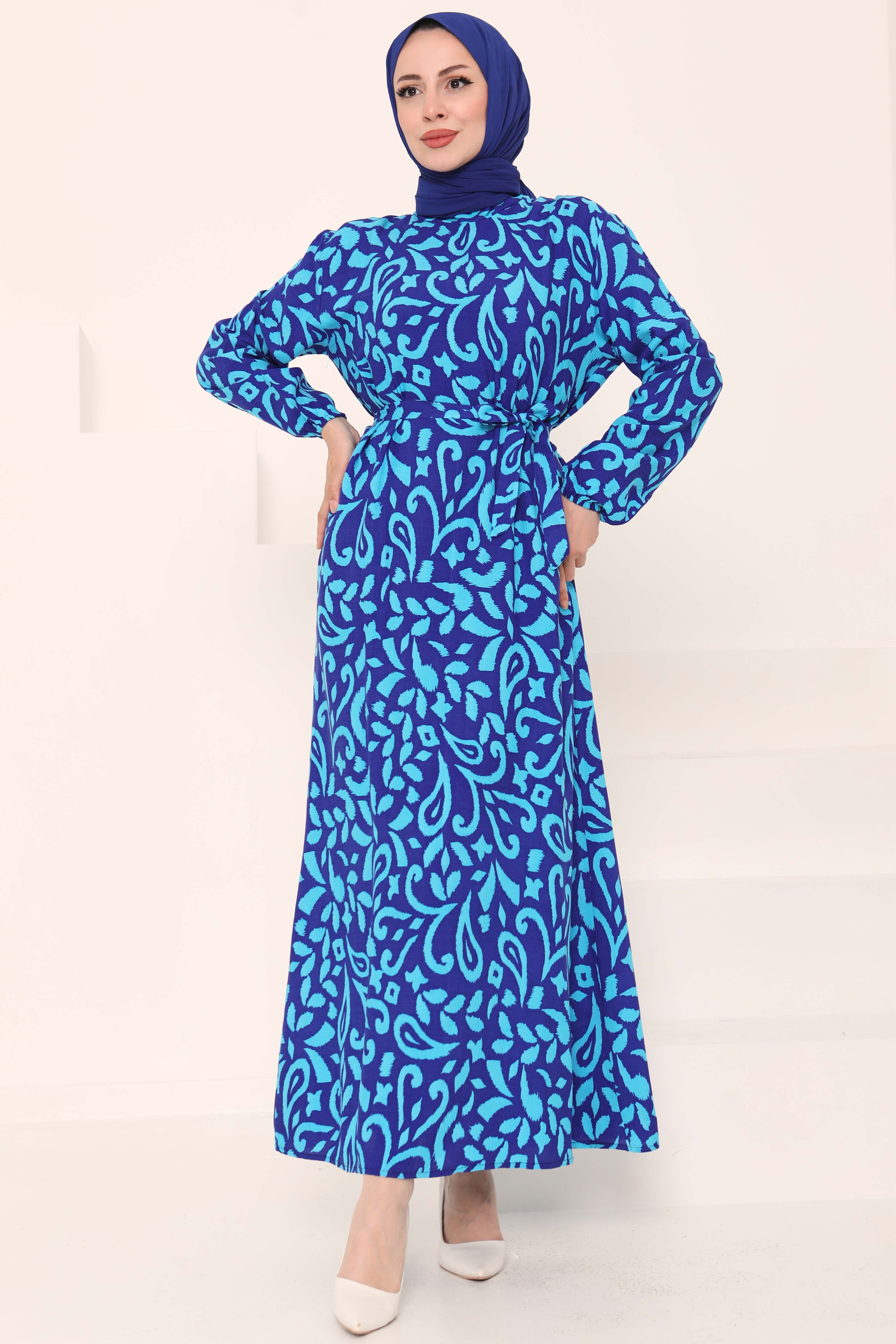 Kuşaklı Desenli Elbise  - 27042