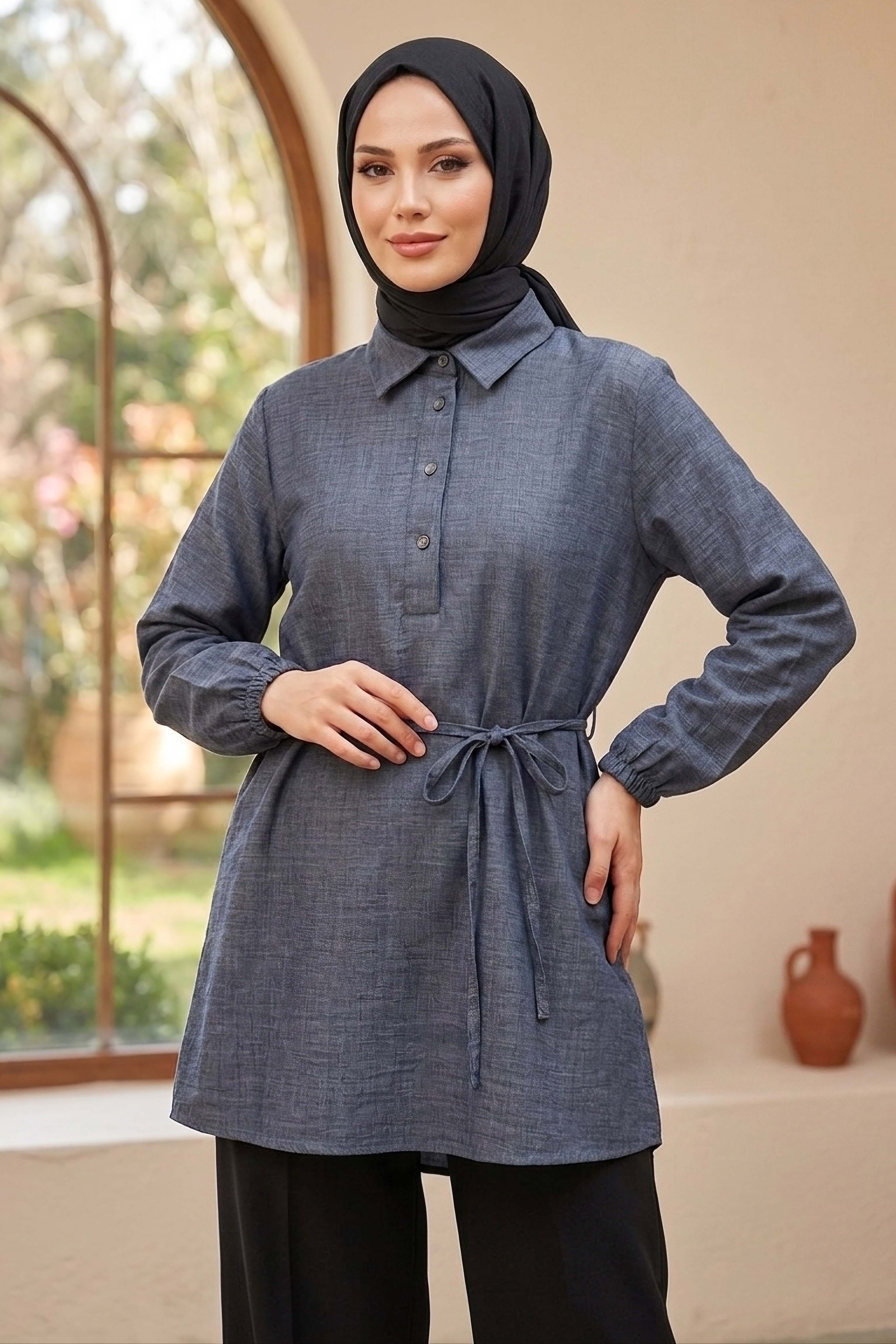 Kuşaklı Düğmeli Tunik  - 1301-ANTRASIT