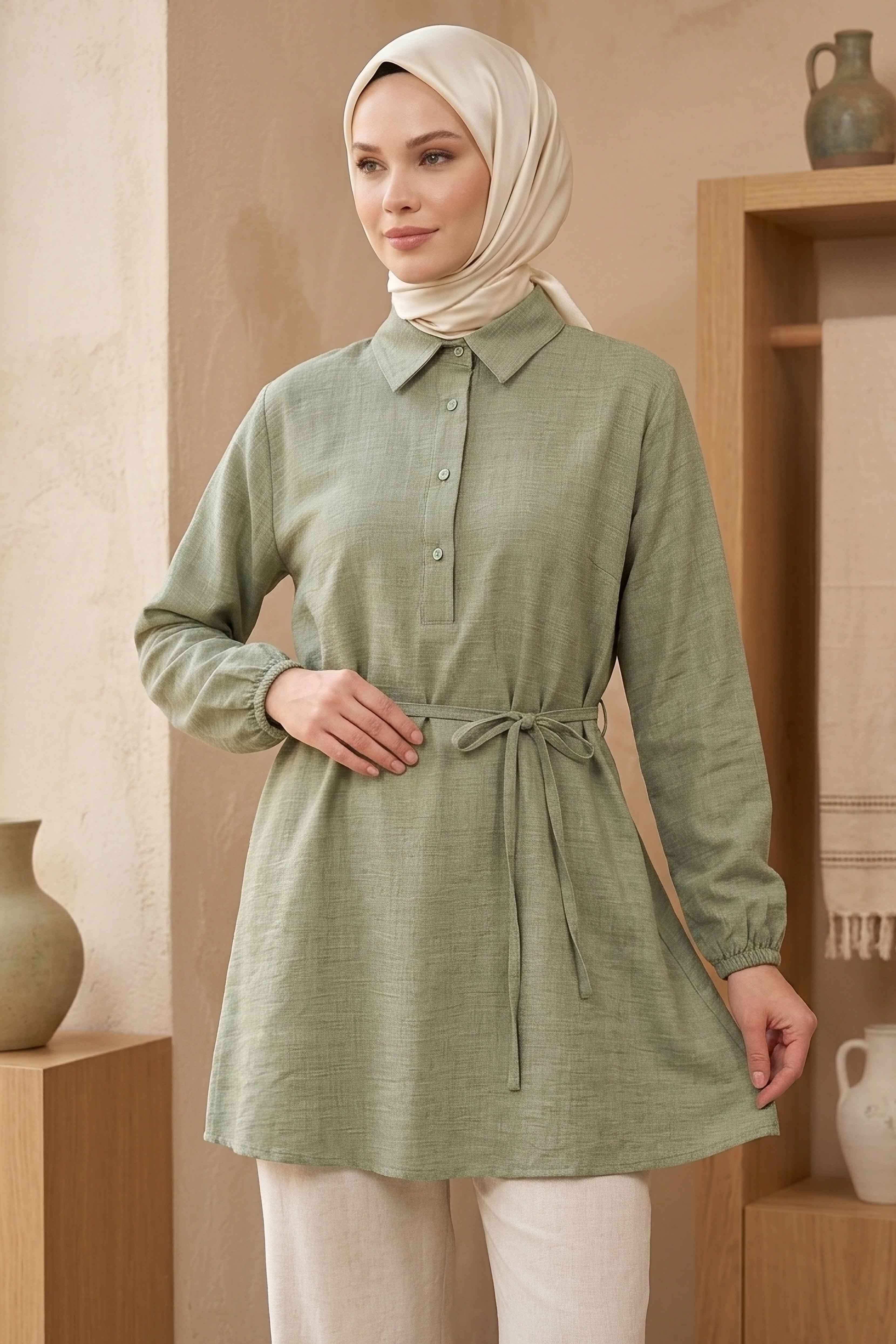 Kuşaklı Düğmeli Tunik  - 1301-HAKI
