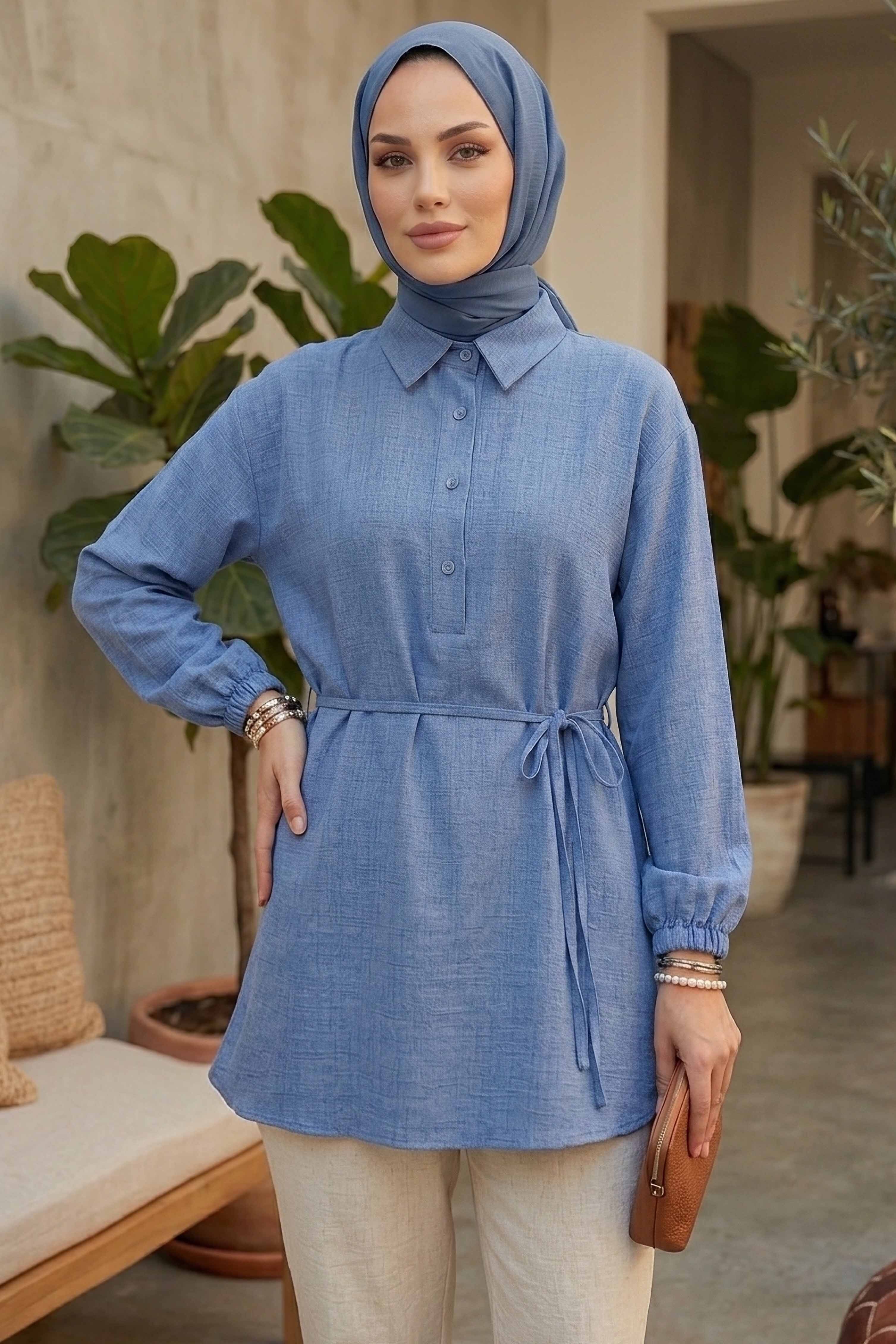 Kuşaklı Düğmeli Tunik  - 1301-INDIGO