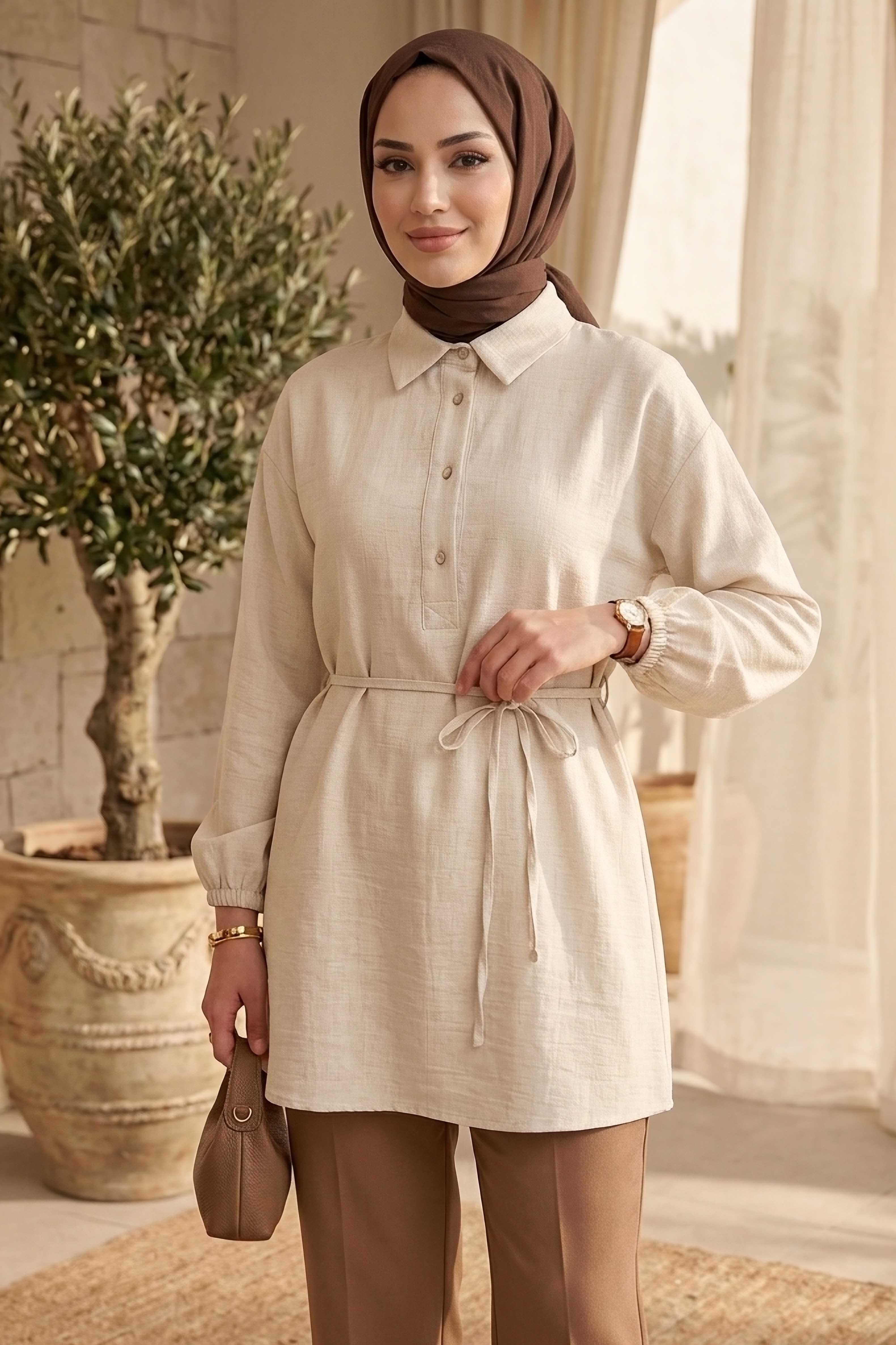 Kuşaklı Düğmeli Tunik  - 1301-TAS