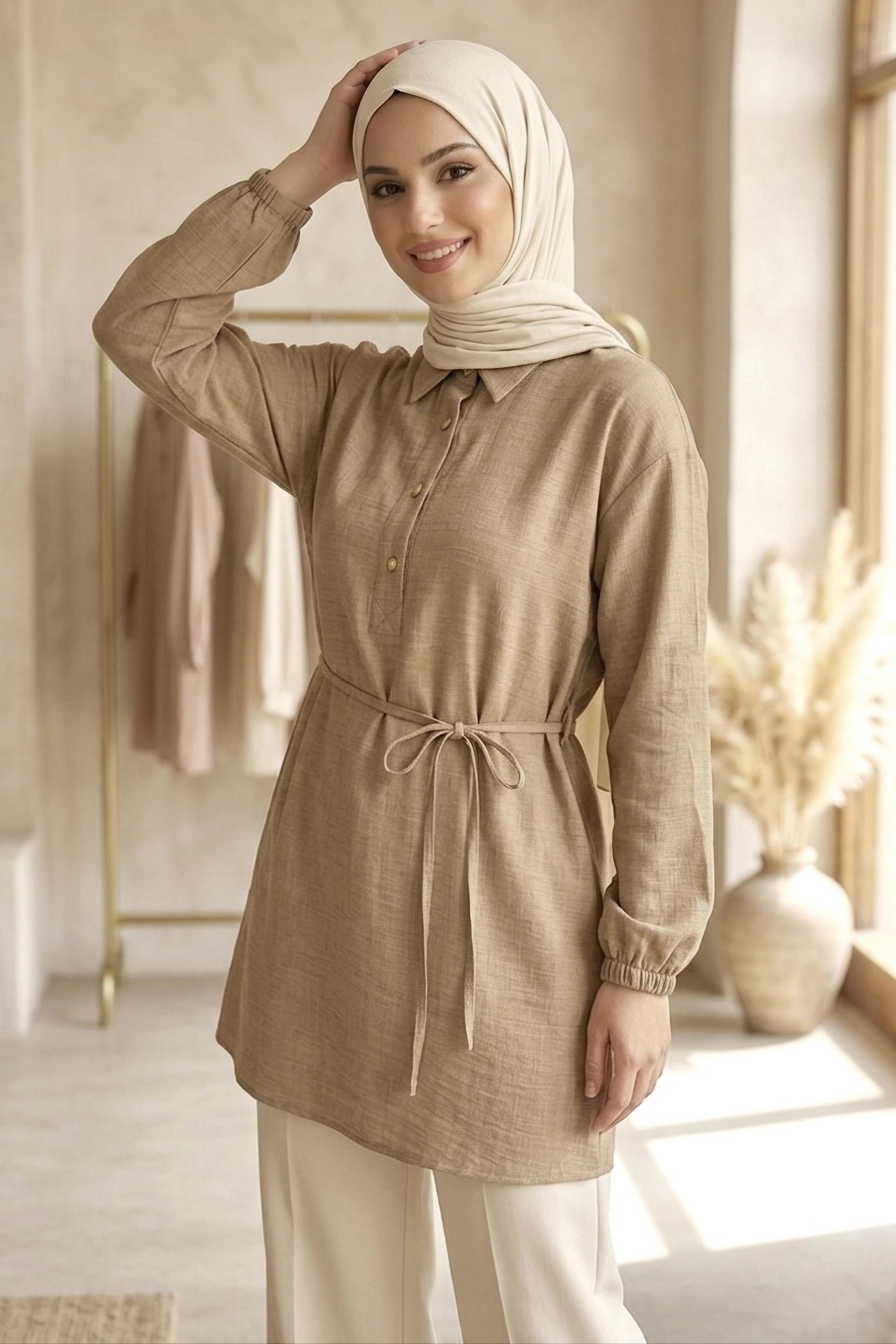 Kuşaklı Düğmeli Tunik  - 1301-VIZON