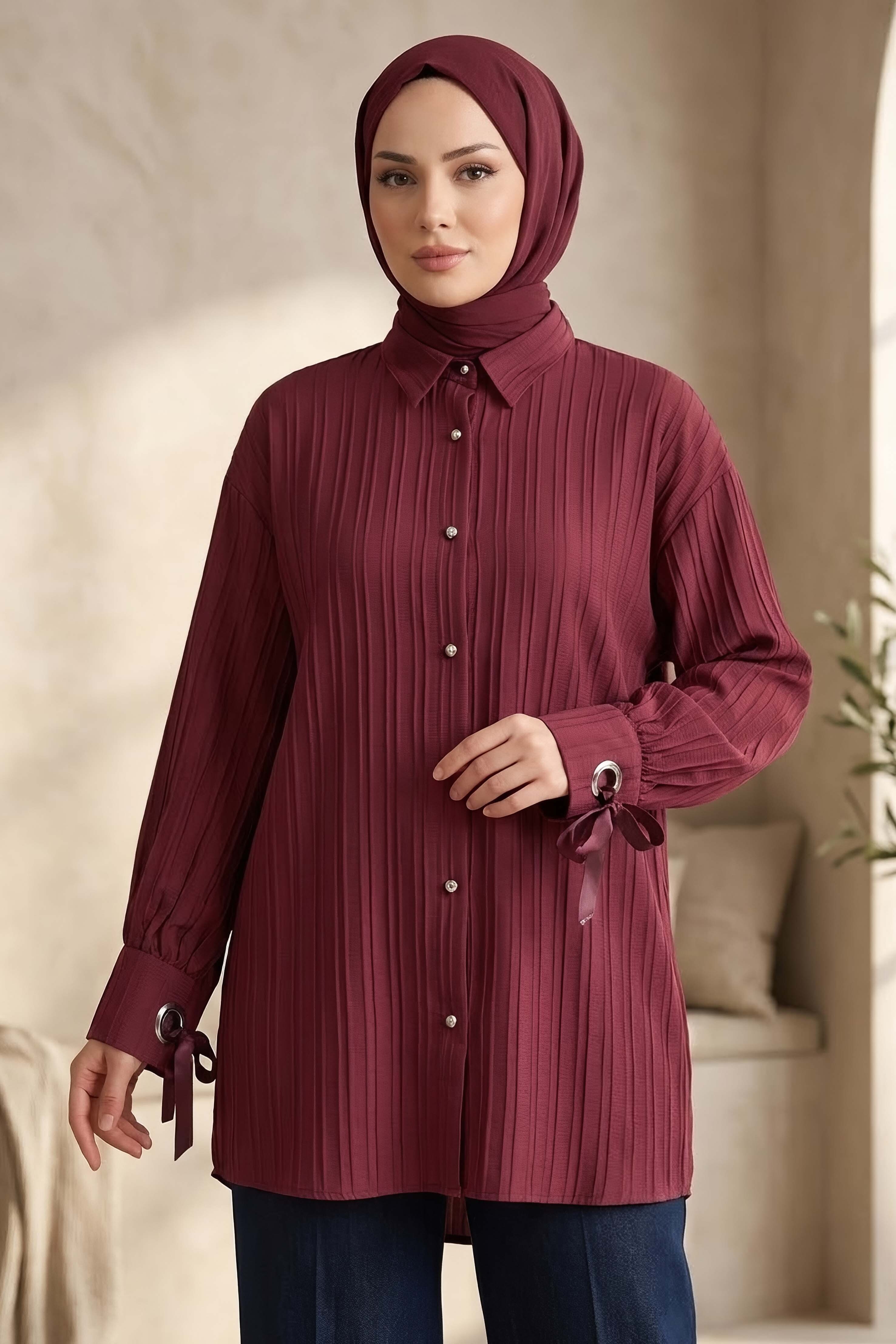 Kuşgözlü Detaylı Tunik Bordo - 2103-BORDO
