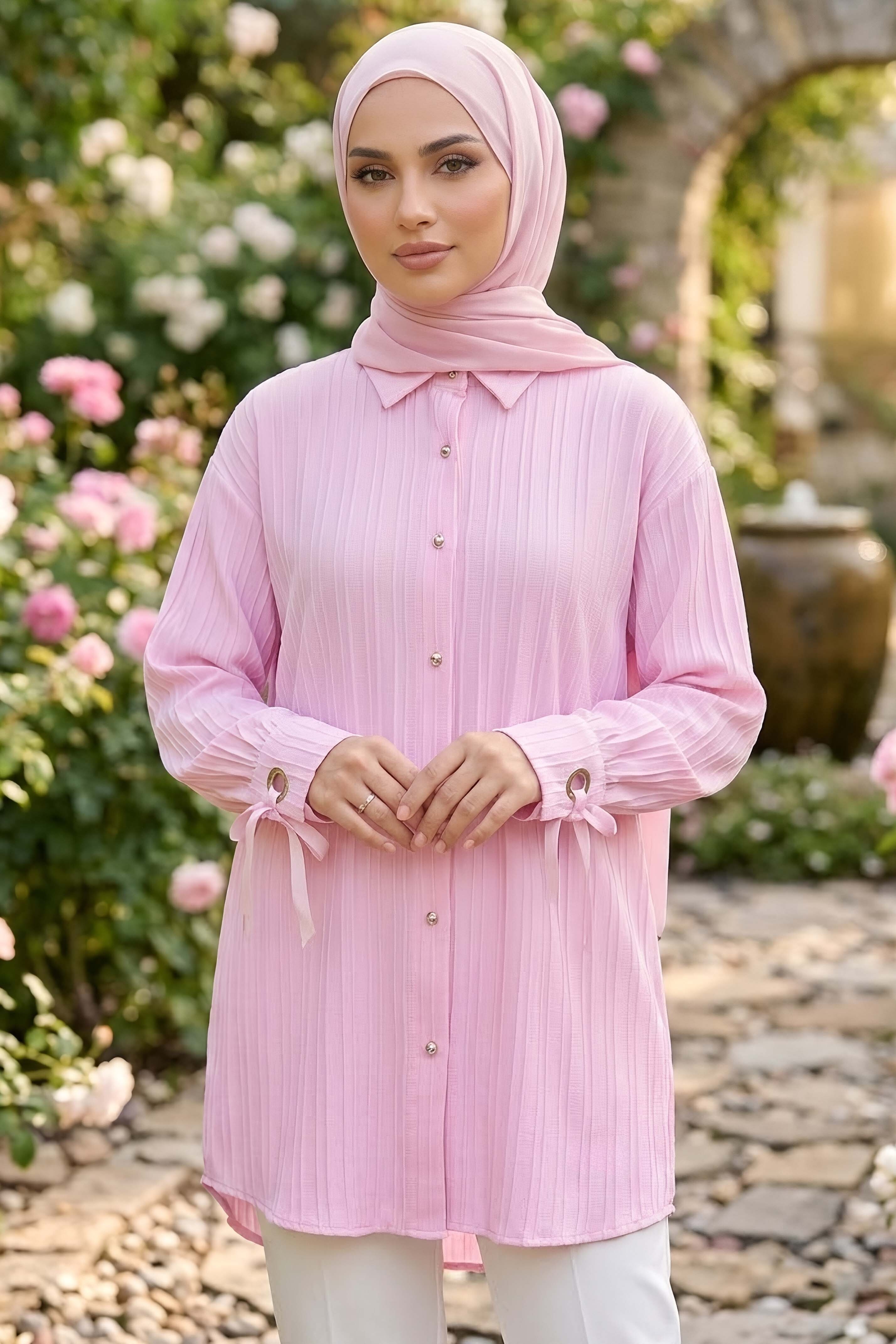 Kuşgözlü Detaylı Tunik Pembe - 2103-PEMBE