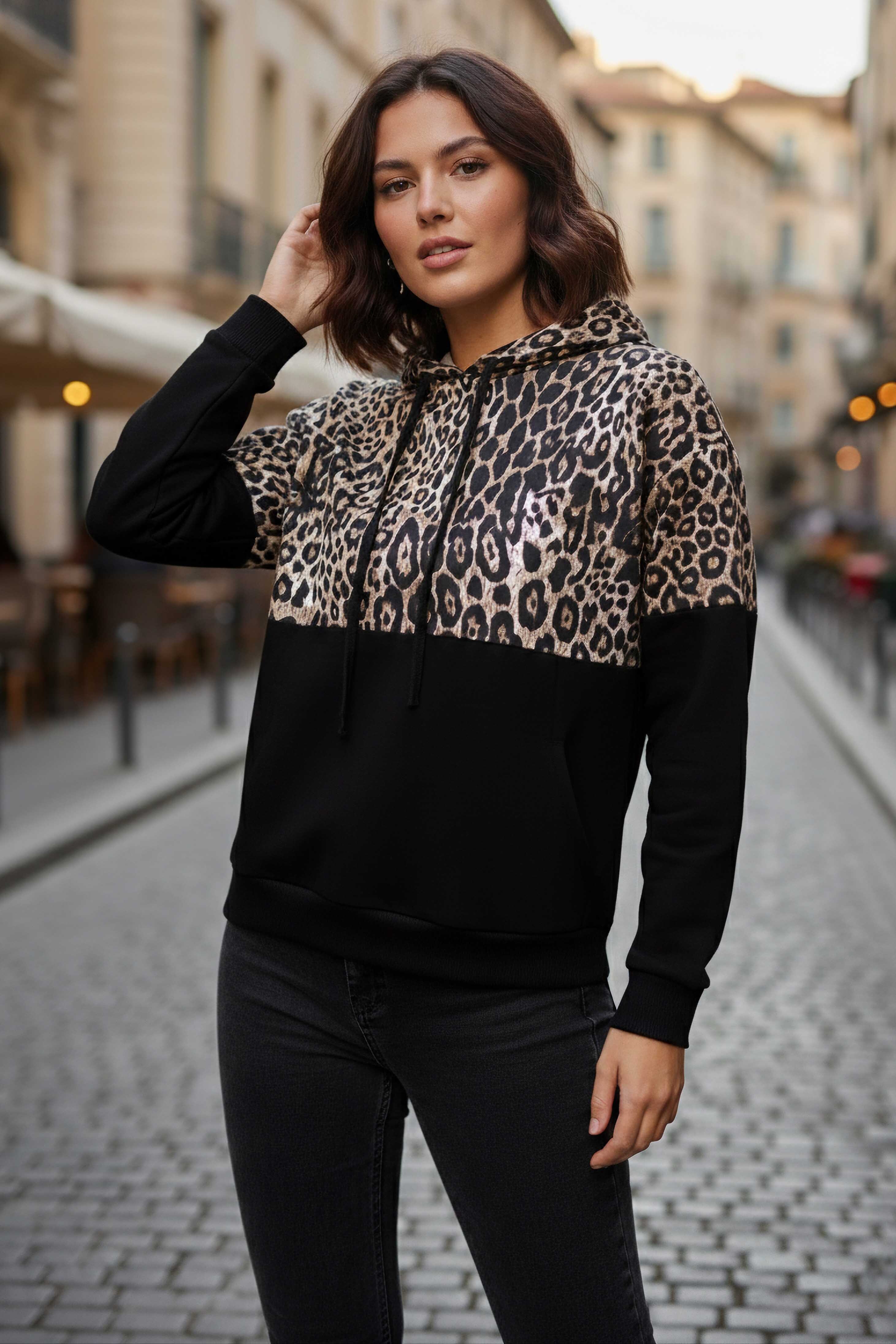 Leopar Desenli Kapüşonlu Sweat  - 28276-SIYAH