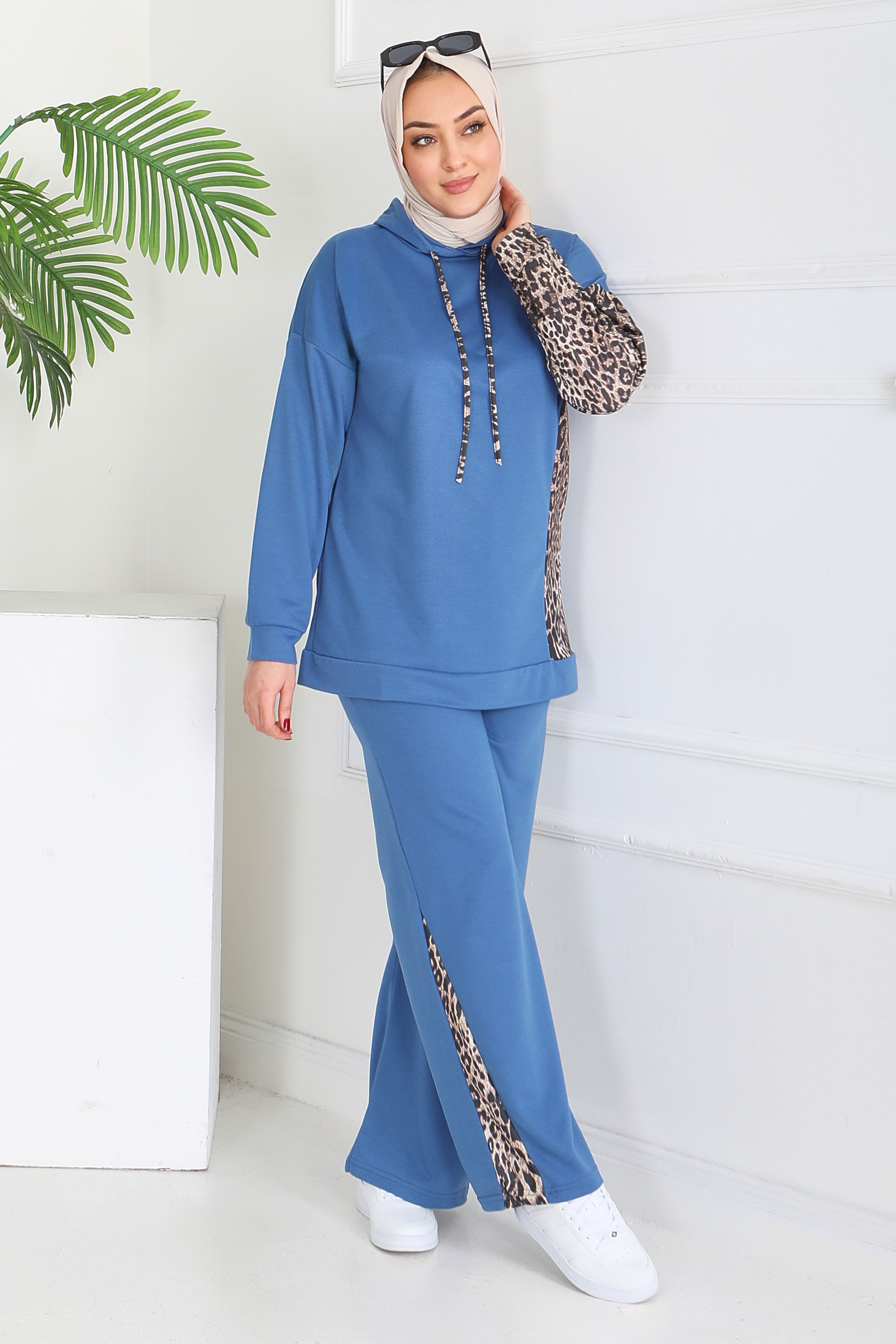 Leopar Detaylı İki İplik İkili Takım  - 2060-INDIGO