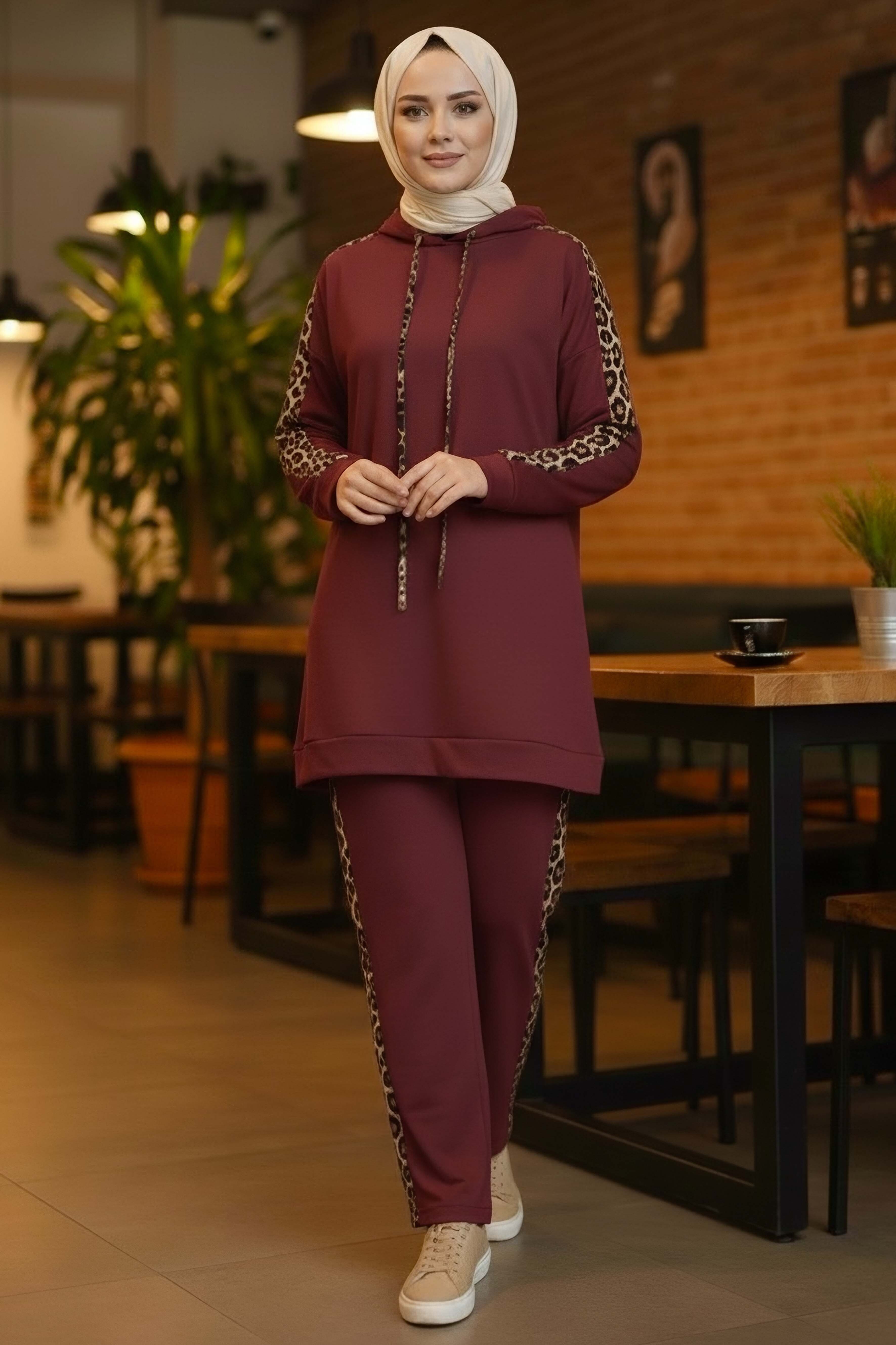 Leopar Şerit Detaylı İki İplik İkili Takım  - 2051-BORDO