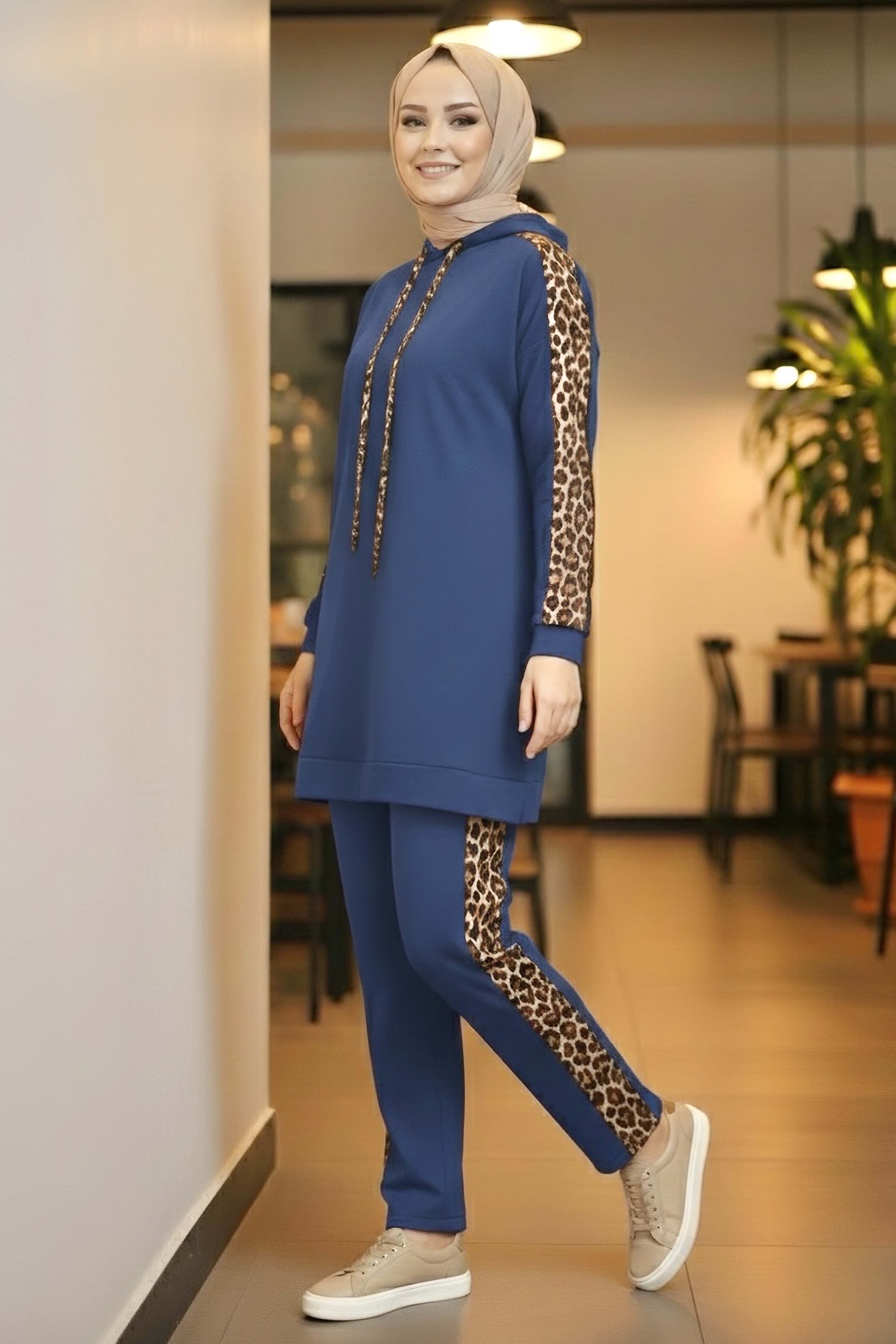 Leopar Şerit Detaylı İki İplik İkili Takım  - 2051-INDIGO