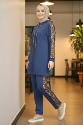 Leopar Şerit Detaylı İki İplik İkili Takım - 2051-INDIGO - TOFİSA
