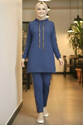 Leopar Şerit Detaylı İki İplik İkili Takım - 2051-INDIGO - TOFİSA (1)