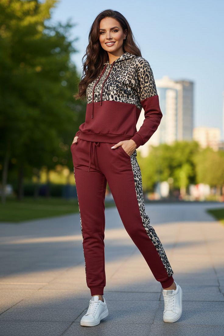 Leoparlı Kapüşonlu İkili Takım Bordo - 2074-BORDO