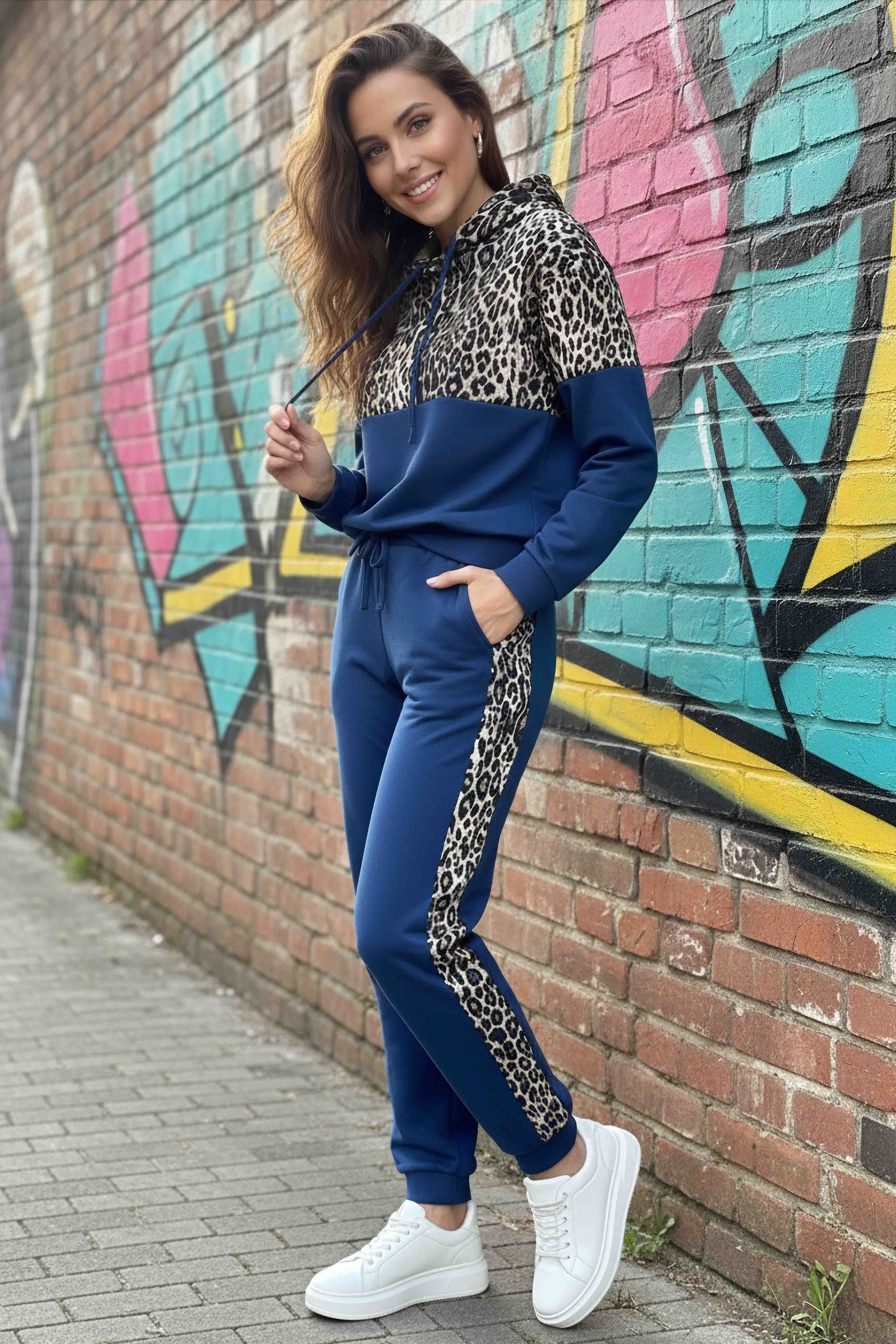 Leoparlı Kapüşonlu İkili Takım Indigo - 2074-INDIGO