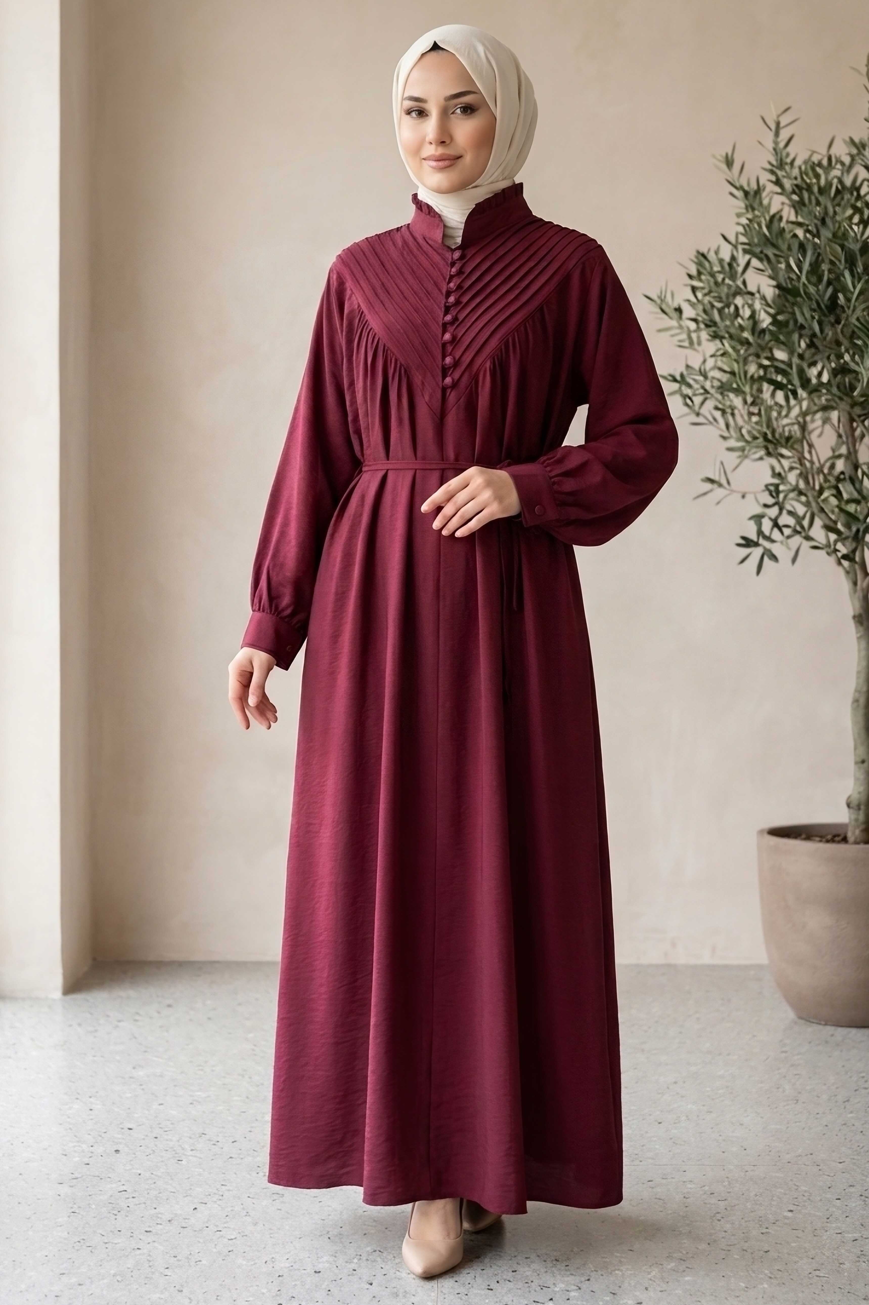Lion Modal V Parçası Nervürlü Elbise  - 28382-BORDO
