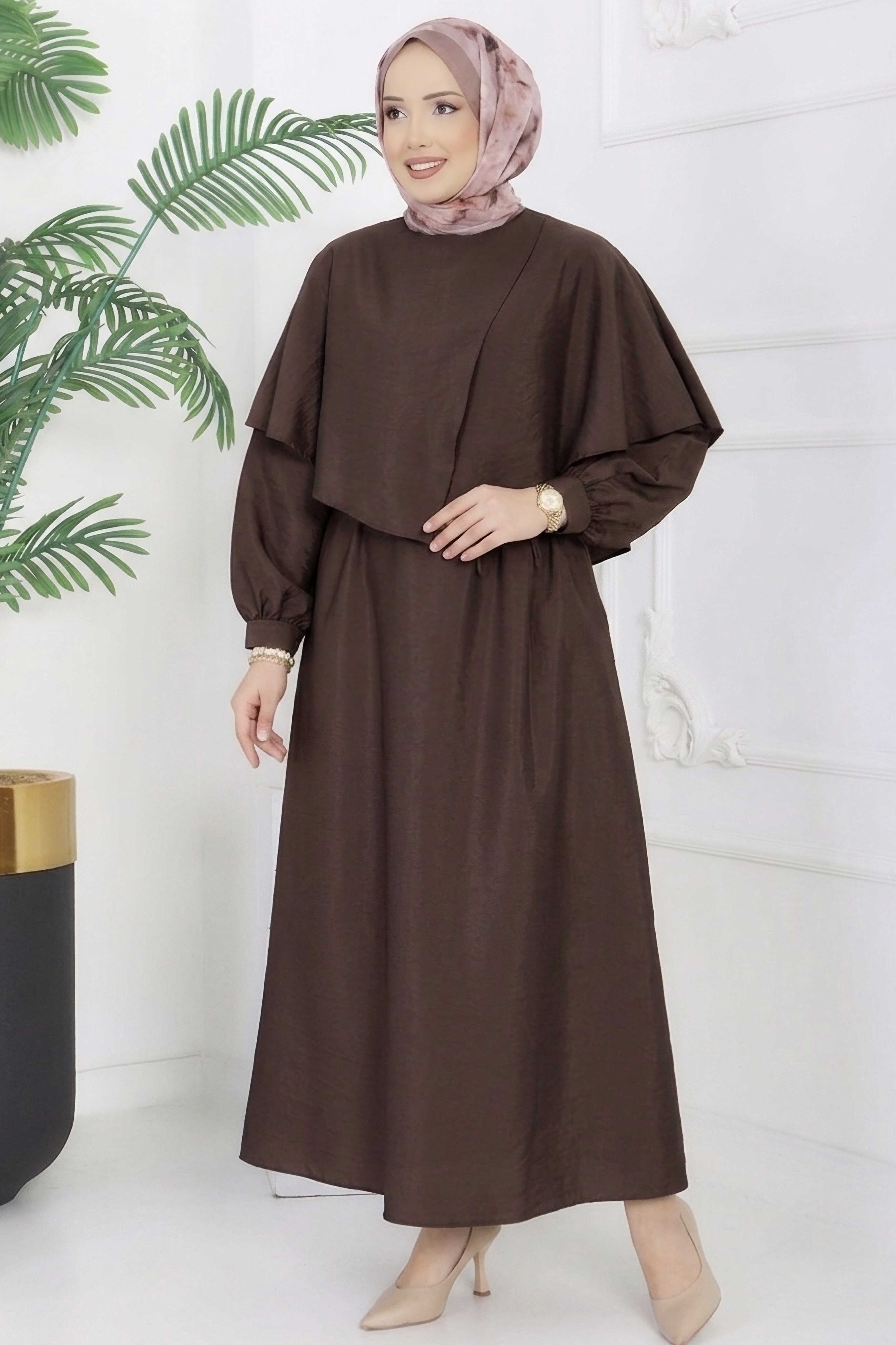 Modal Çapraz Pelerinli Elbise  - 28384-KAHVE