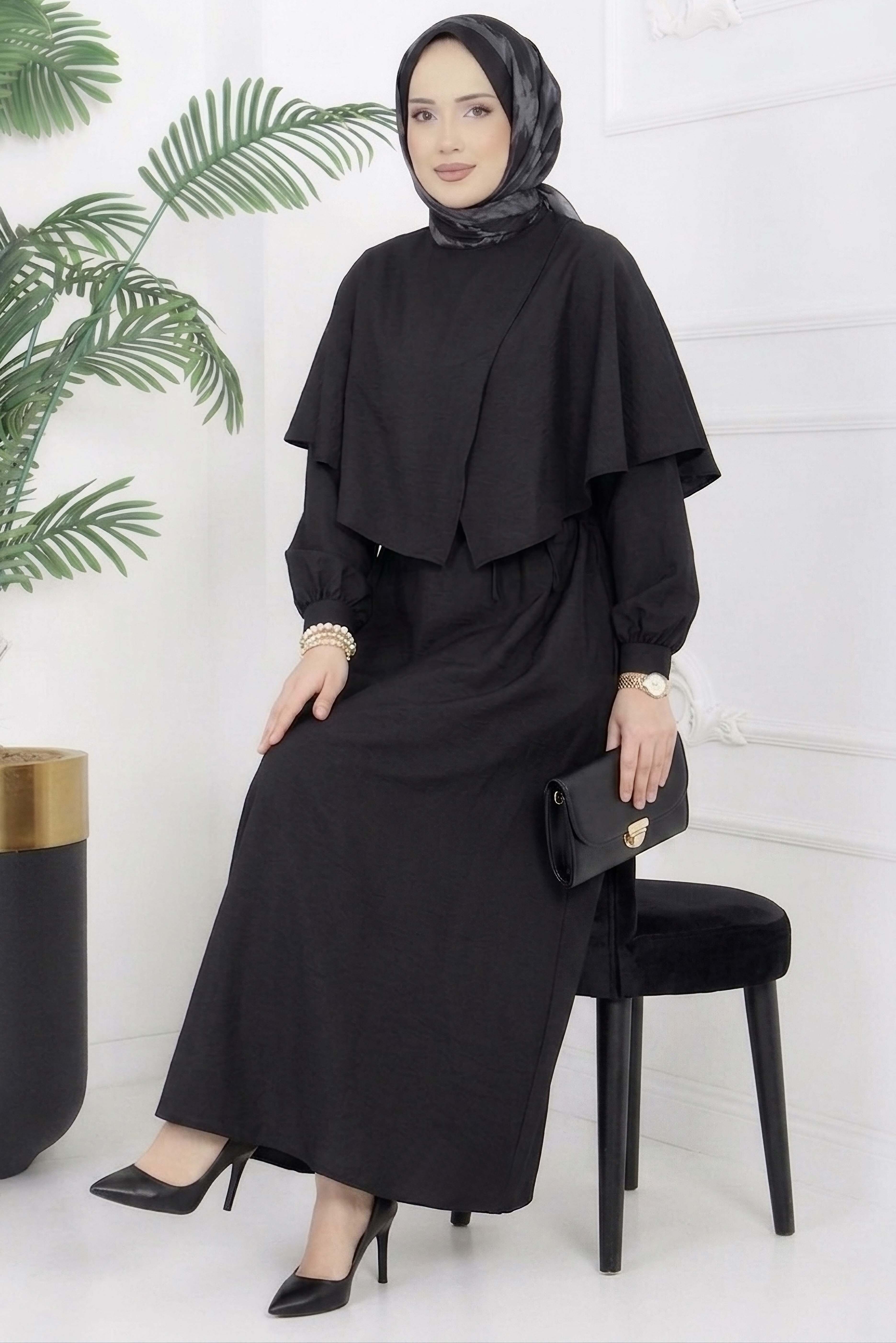 Modal Çapraz Pelerinli Elbise  - 28384-SIYAH