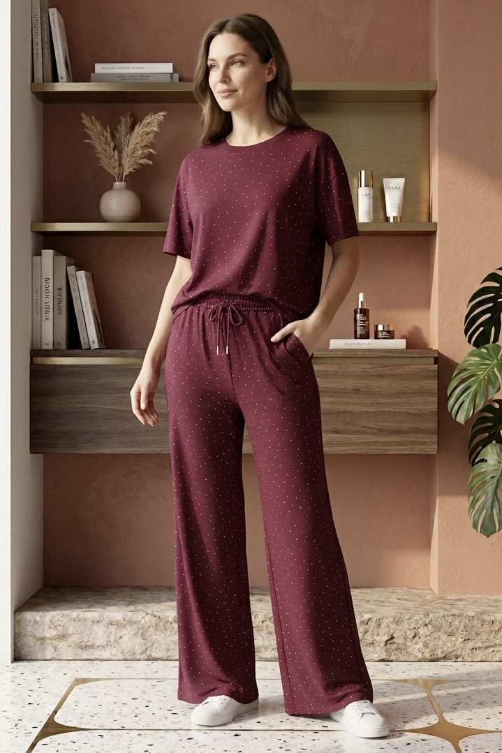Modal Taşlı İkili Takım  - 28414-BORDO