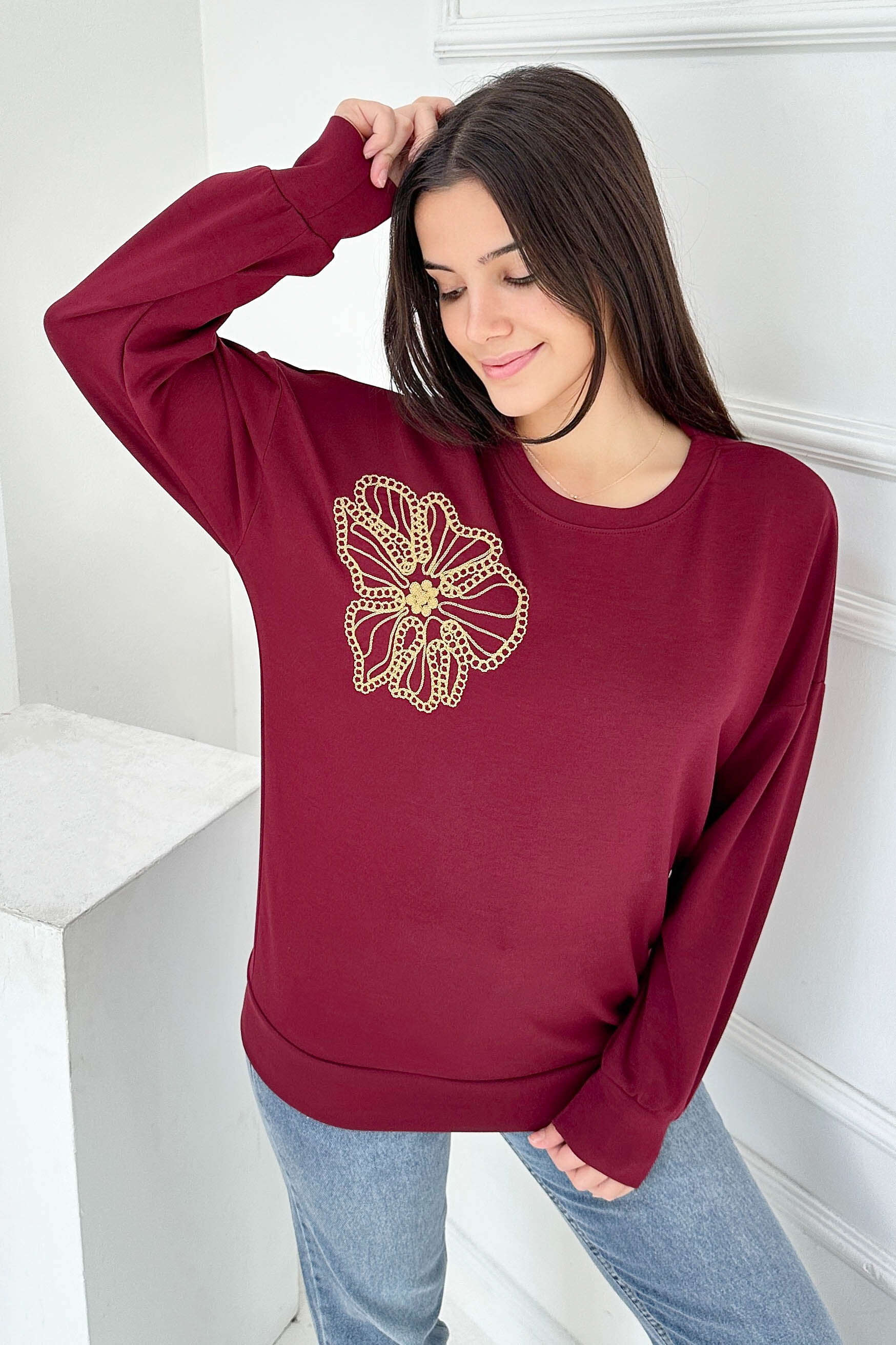 Omuz Çiçek Nakışlı Modal Sweatshirt  - 27883-BORDO