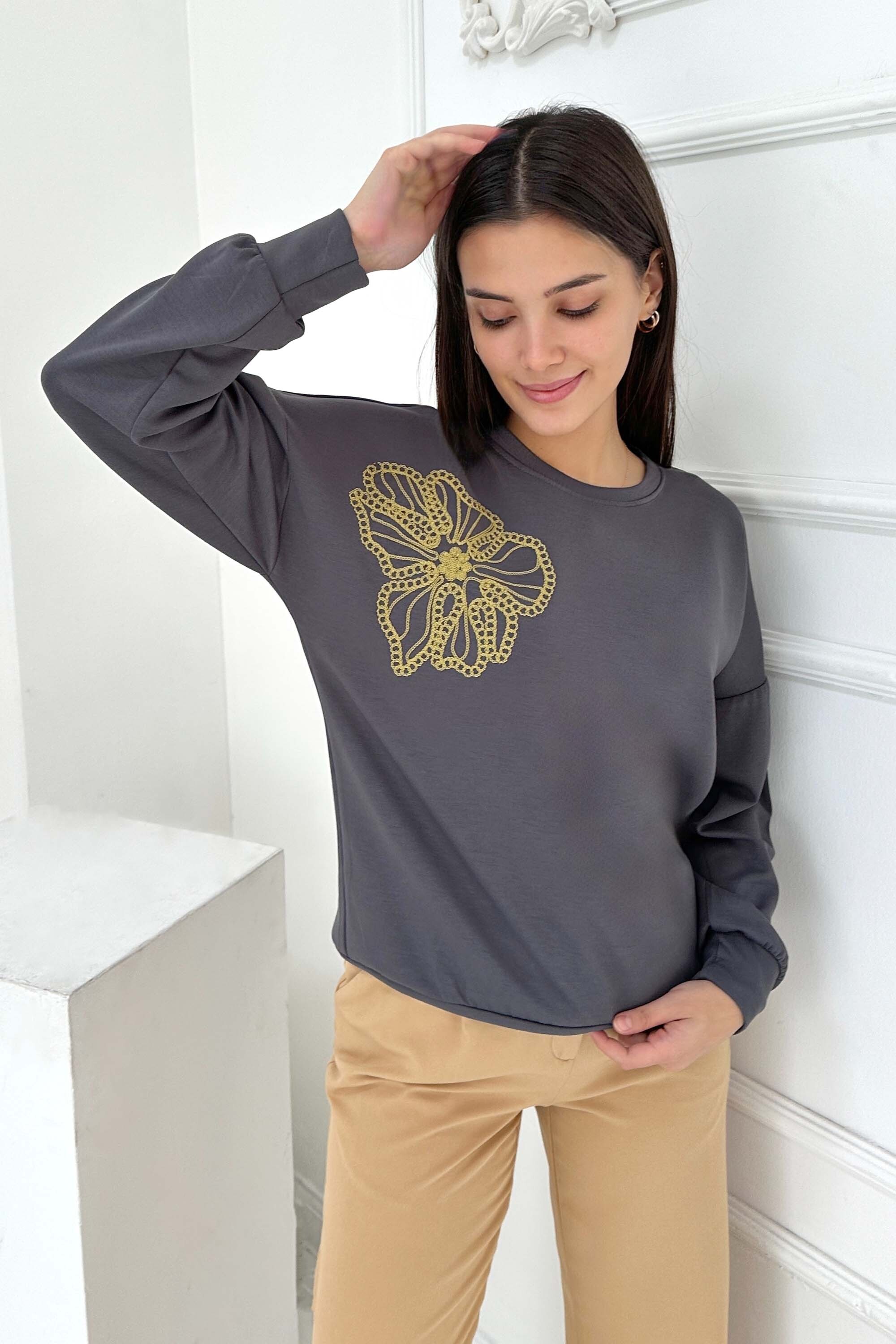 Omuz Çiçek Nakışlı Modal Sweatshirt  - 27883-FUME