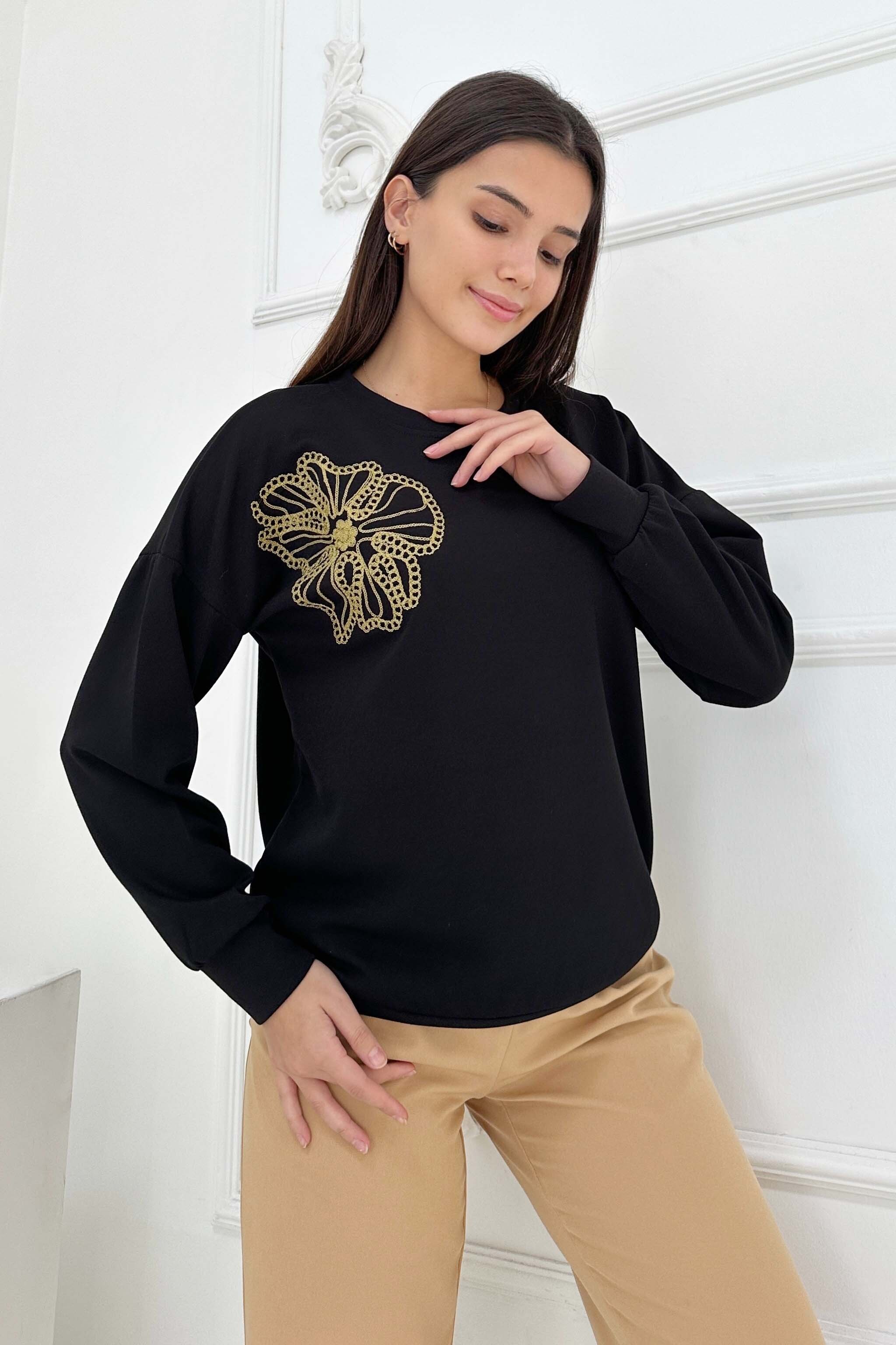 Omuz Çiçek Nakışlı Modal Sweatshirt  - 27883-SIYAH