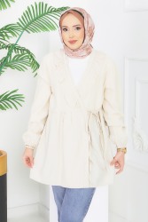 Önden Bağcıklı Fırfırlı Ceket - 28389-KREM - TOFİSA
